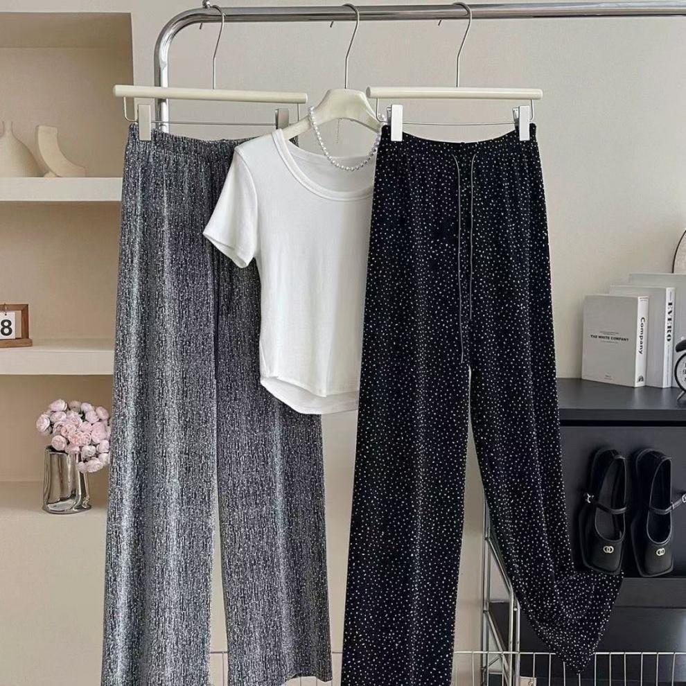 Women's 2026 Summer Rhinestone Sparkling Wide-Leg Drawstring Pants - Loose, Thin, Floor-Length Style
