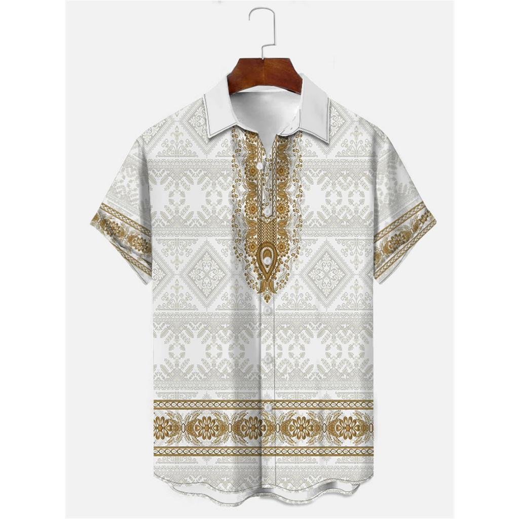 Men's Shirt Art Pattern Print Casual Shirt Short Sleeve Oversized Top Summer Vintage Flower Pattern Beach Y2k Fashion Clothing