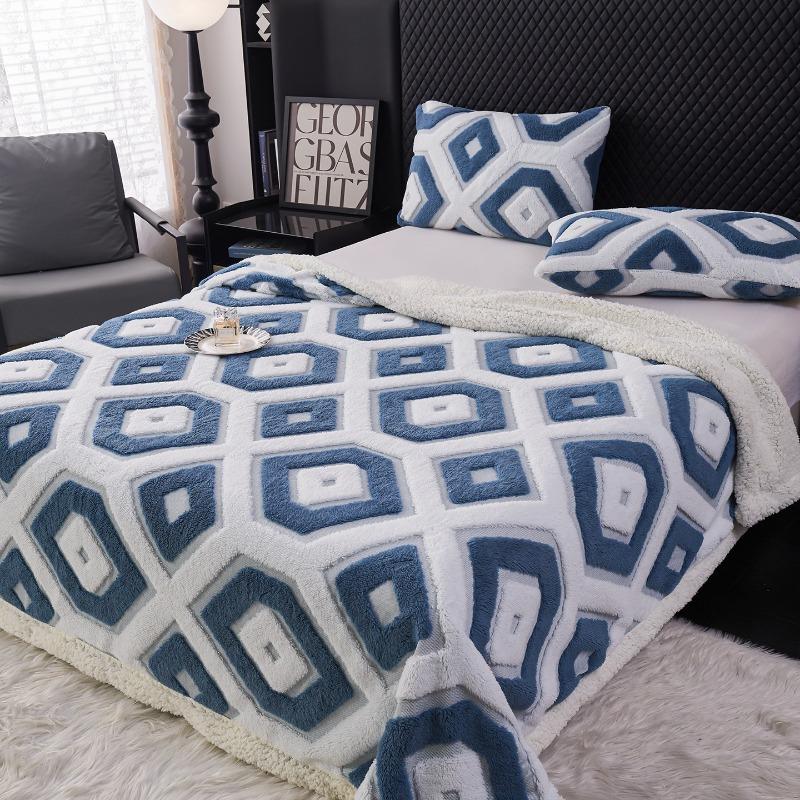 Double Layer Lamb Wool Blankets Thick Soft and Warm Geometric Jacquard Tafu Velvet Quilt Office Nap Sofa Multi-functional Blanket