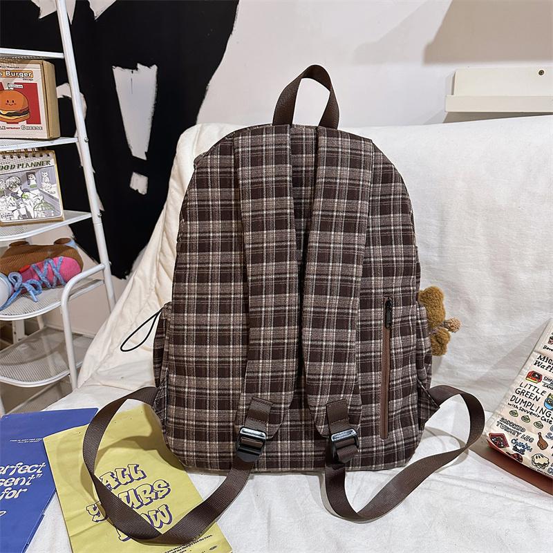 Vintage Plaid Backpack College Style Junior High School Student Schoolbag