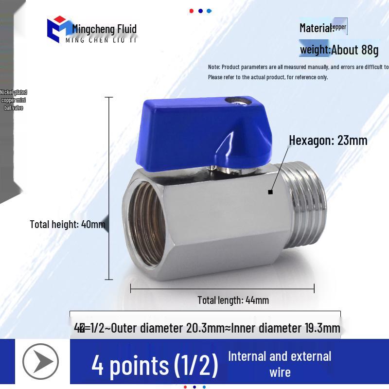 Compact Ball Valve with Double Male/Female Thread, Sizes 1/4", 3/8", 1/2", Pneumatic Polished Electroplated Switch Valve Accessory.