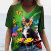 Women's T-Shirt Color Cat 3d Printing Short-Sleeved Fashion Casual Street V-Neck Oversized High-Quality Summer Women's Clothing