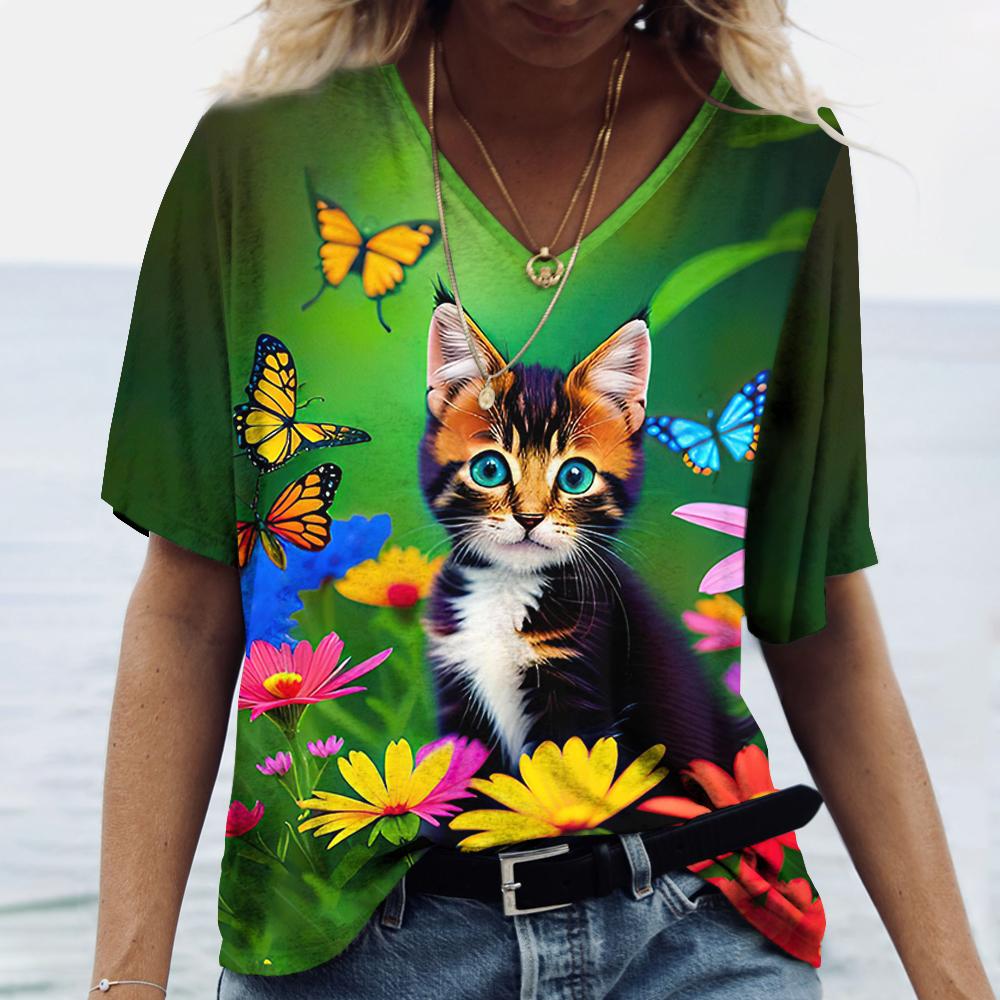 Women's T-Shirt Color Cat 3d Printing Short-Sleeved Fashion Casual Street V-Neck Oversized High-Quality Summer Women's Clothing