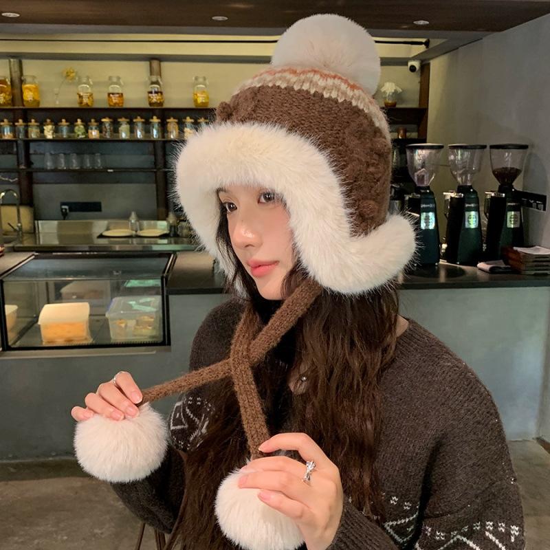 Fair Island contrasting color knitted wool hat women's season versatile big head circumference showing face small ear protection warm pullover hat