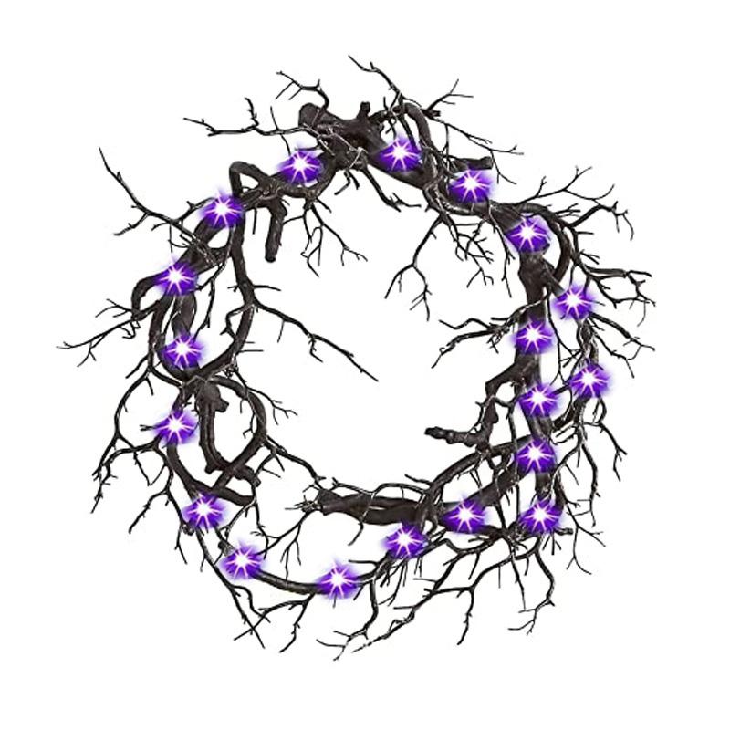 Halloween Wreath Decoration for Front Door LED Light Purple red Glitter Black Branch Scary Style Home Indoor Outdoor Party Decor
