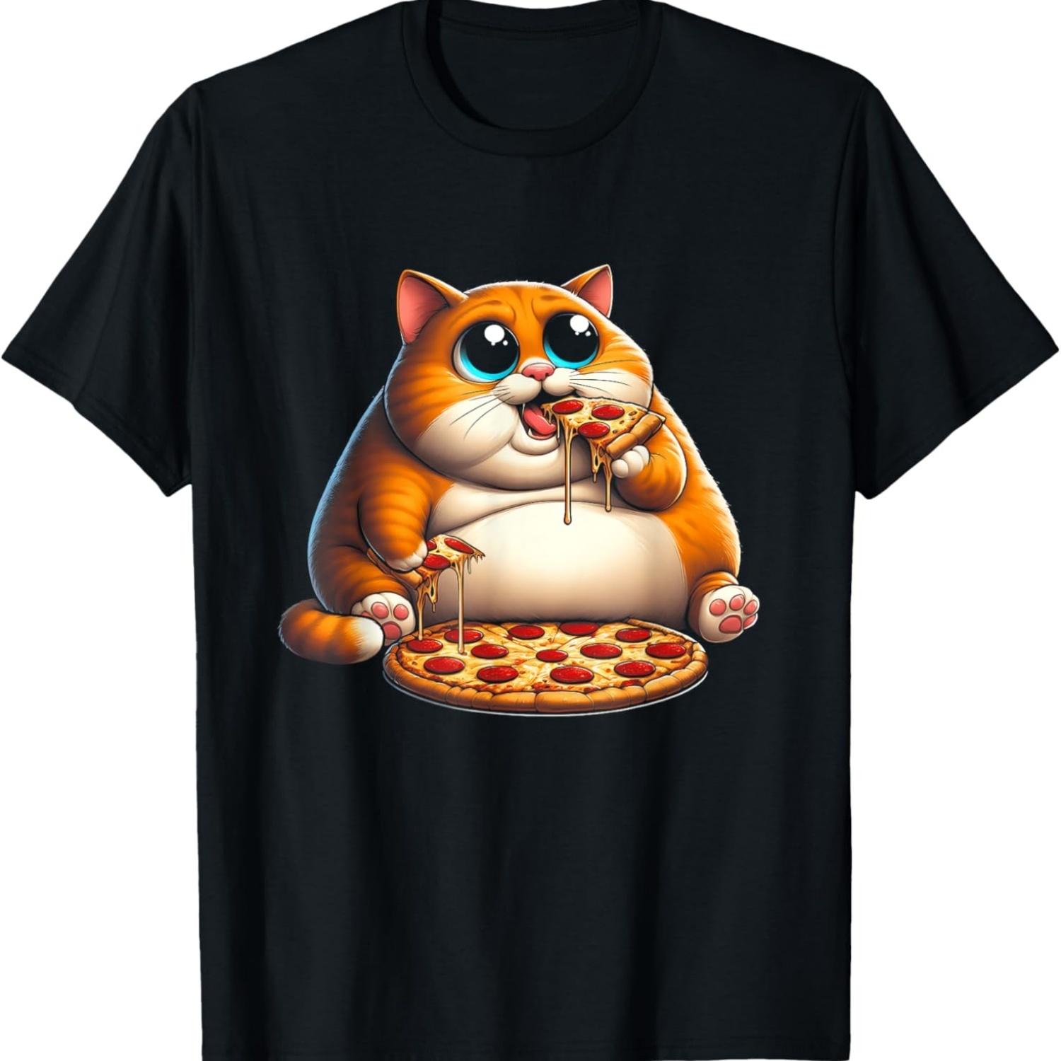 Funny Fat Cat Eating Pizza Fast Food Art Meme Animal Lover T-Shirt S чёрный