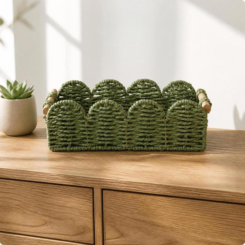 Paper Rope Basket with Wooden Handles | OpenTop Accessible Design, Interlaced Container
