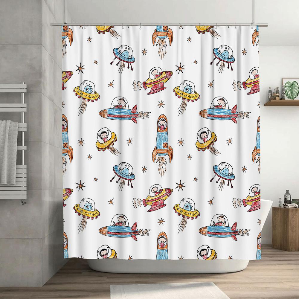 Creative Space Exploration Shower Curtain Kids Bathroom Decor Waterproof Printed Fabric Multicolored Pattern for Home Decoration
