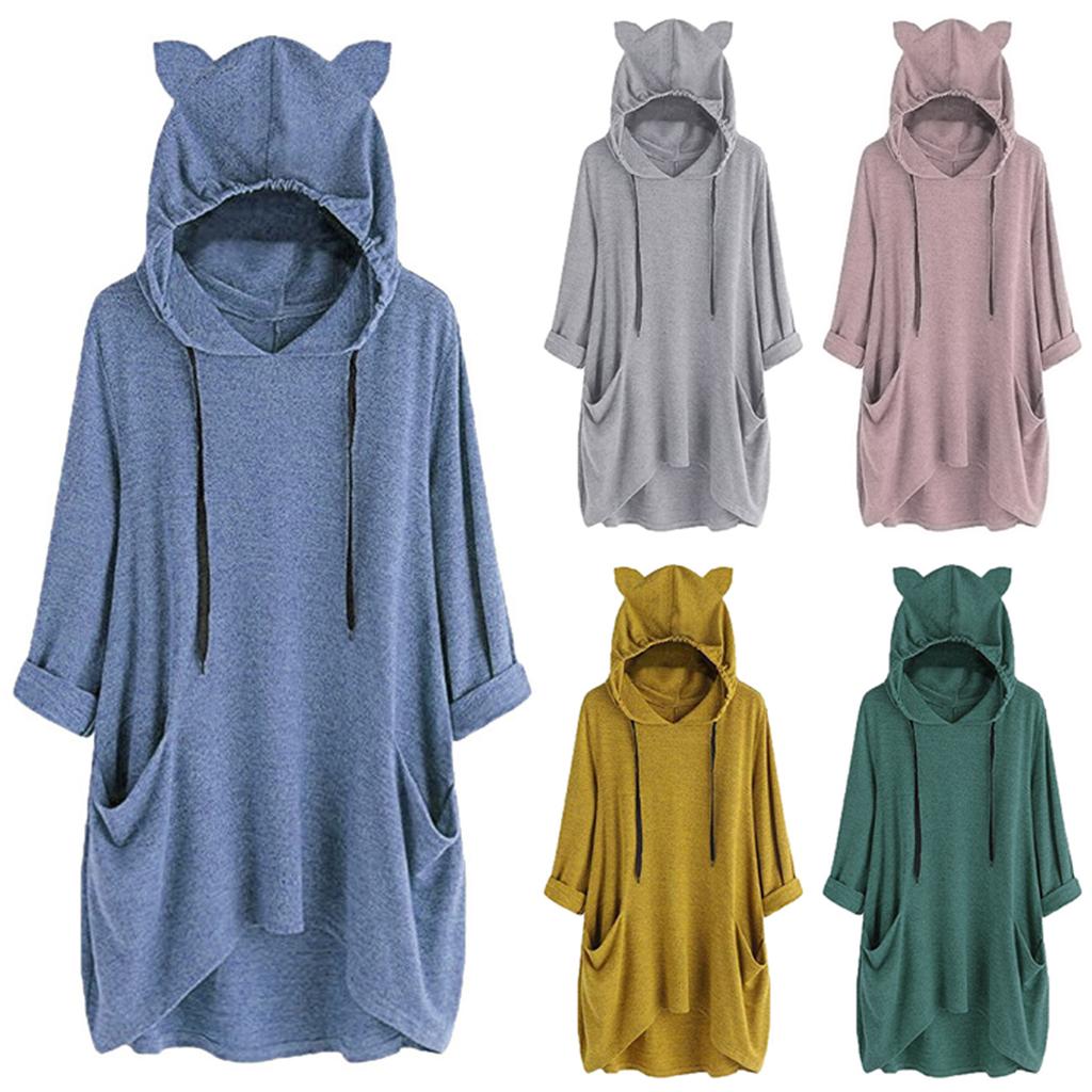 Women's Fashionable Solid Color Long Sleeved Pocket Long Loose Pullover Top