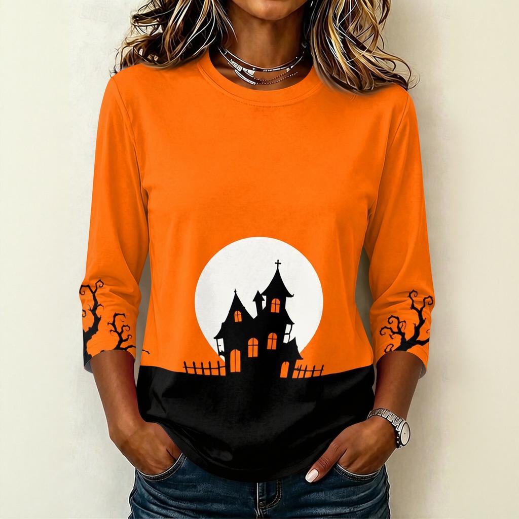 Women's Casual Crew Neck Three Quarter Sleeve Halloween Print T Shirt Top Lightweight Comfortable Fit Suitable for Daily Wear