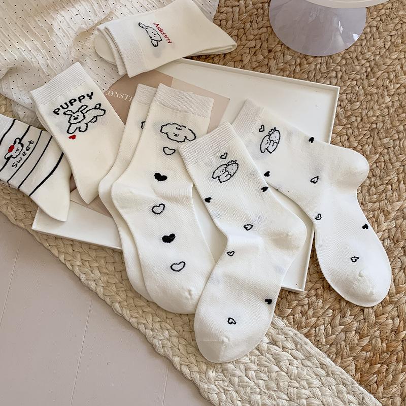 Female Autumn New Cartoon Cute Puppy Striped Boneless White Tube Stack Socks