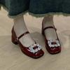 2024 Summer New Women's Mary Jane Shoes Fashion Square Head Luxury Rhinestone Square Buckle Design All-match Small Leather Shoes