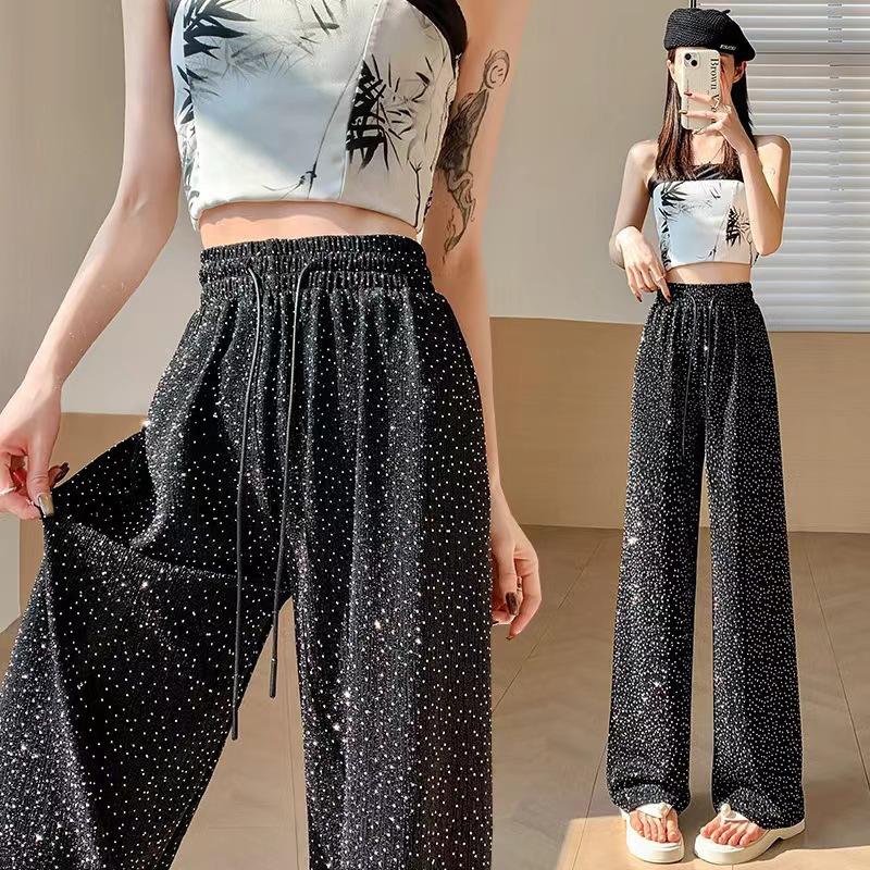 Women's Spring/Summer High-Waisted Wide-Leg Pants with Heavy Embellishments Lurex Threads Sparkling Stylish Loose Drapey Straight-Leg Casual Trousers