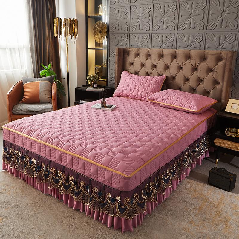 Verdicktes Bettrock-Typ-Home-Luxus-Bettwäsche-Set, Prinzessin-Spitzen-Tagesdecke, rutschfeste Bettdecke mit Kissenbezug für King-Size-Bett