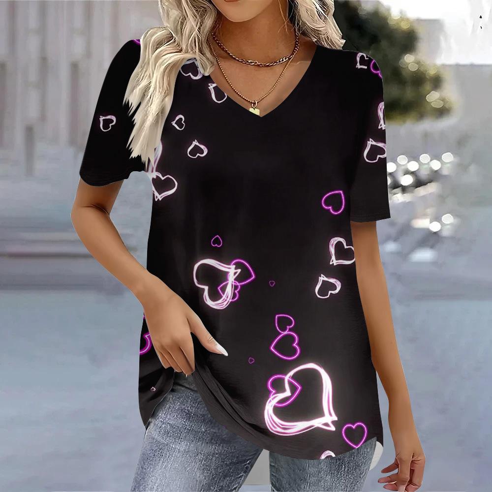 Women's Summer New Casual High Quality 3D Women's Short Sleeved V-neck T-shirt