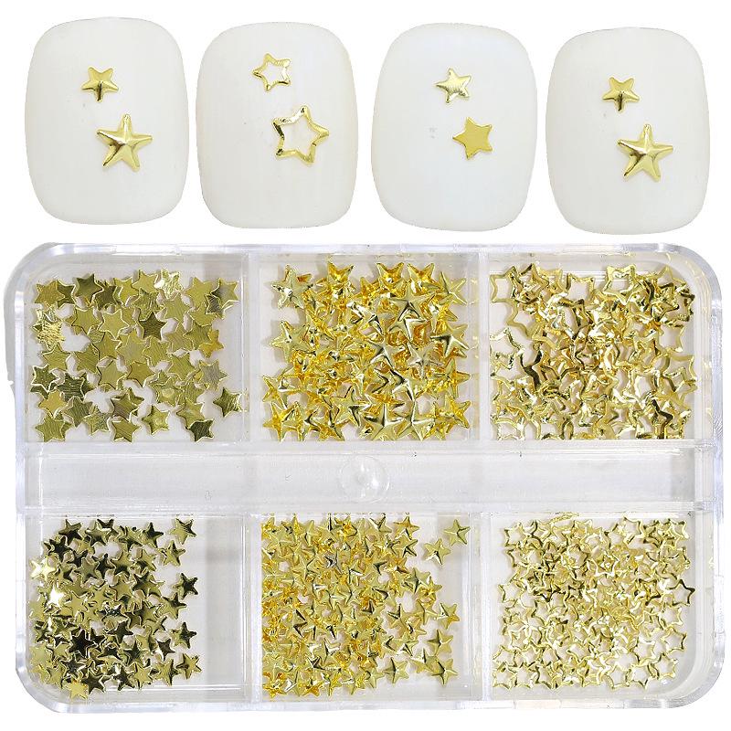 Kreuz Stern Nieten Nagelkunst Set: 6-Fächer-Box mit Gold- und Silber-Metallstickern für vielseitige Nageldekoration