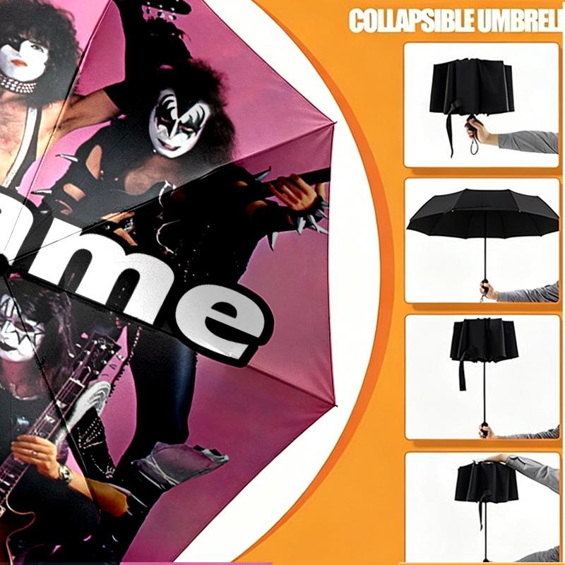 Custom Name Personalized Kiss Rock and Roll Print Umbrella, Auto Open Close, 8‑Rib Sturdy Frame, Commute Camping Hiking Use, Birthday Gift