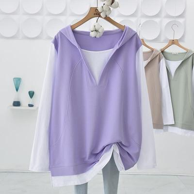Nuova Felpa con Cappuccio Patchwork Oversize Larga a Manica Lunga Casual di Media Lunghezza Finta Due Pezzi per Donna - Primavera e Autunno