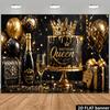 2D Plane Queen's Birthday Party Banner Background - Black and Gold Theme Featuring a Crown Cake. zyc