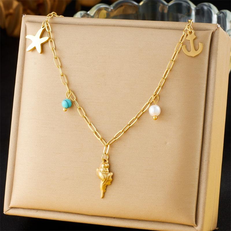 Gold Paperclip Chain Ocean Charm Necklace with Starfish and Anchor