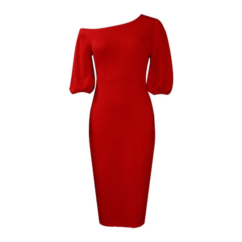 Women's clothing  summer new solid color slanted shoulder bubble sleeve temperament Tongle large size dress