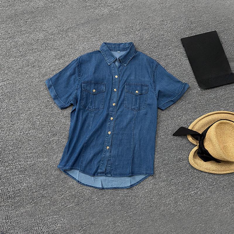 

Women s Denim Shirts, Short Sleeves, Loose and Fitted Retro Casual Cardigans, Light Jackets, Mid-length Summer Tops L темно-синього кольору