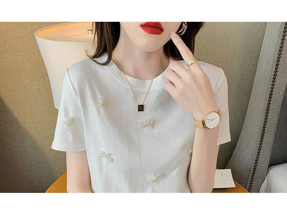 2025 Summer Women's French Fashion Beaded Bow Slim T-Shirt