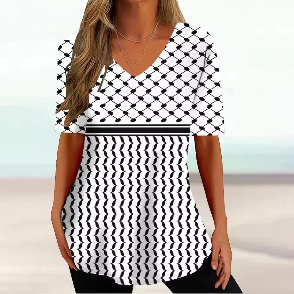 Vintage V-neck Women's T-shirt Summer Outdoor Casual Short Sleeve Tops Fashion Black Stripe Printing OverSize Clothing