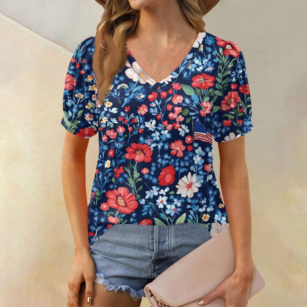 Women's Fashion Independence Day Print Top Puff Short Sleeve V-neck T-shirt Loose Casual T-shirt