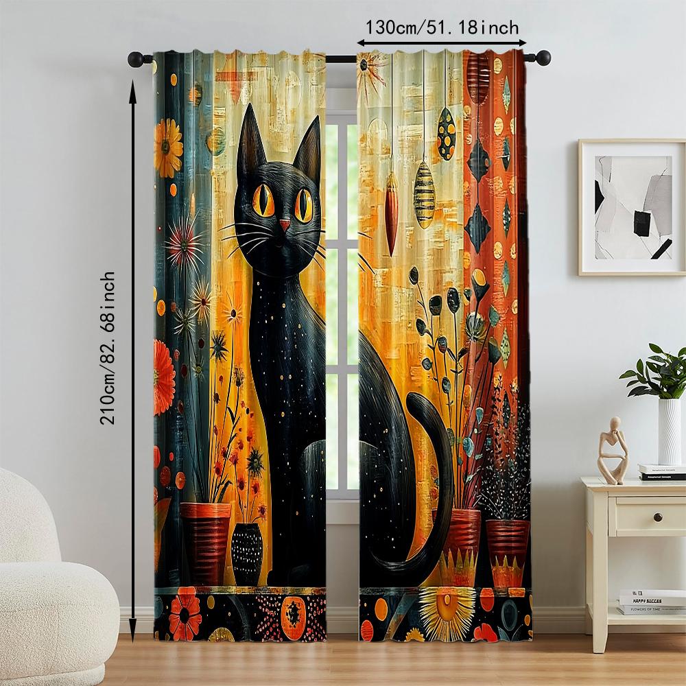 Rideaux Transparents en Polyester Polyvalents Décoration de Maison Chat Floral Utilisation Chambres à Coucher Salons Ensemble de 2 Rideaux Lavables Prêt pour la Pièce