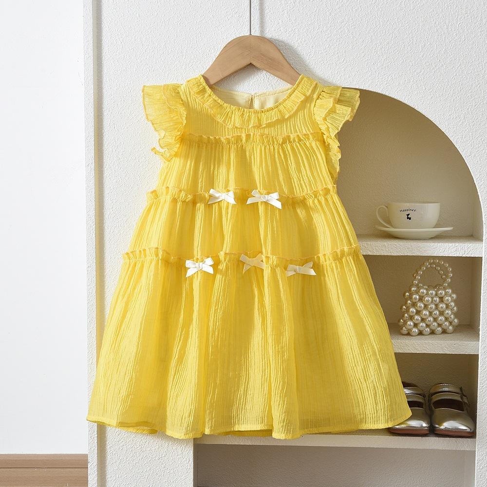 Girls Summer Sweet Sleeveless Mesh Dress With Bowknot Stylish Vacation Princess Dress For Kids 140cm