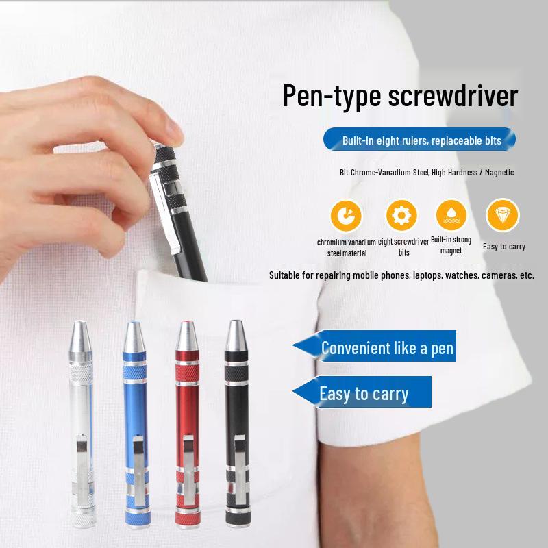 8-in-1 Multi-purpose Aluminum Alloy Screwdriver Pen with Flat & Cross Heads