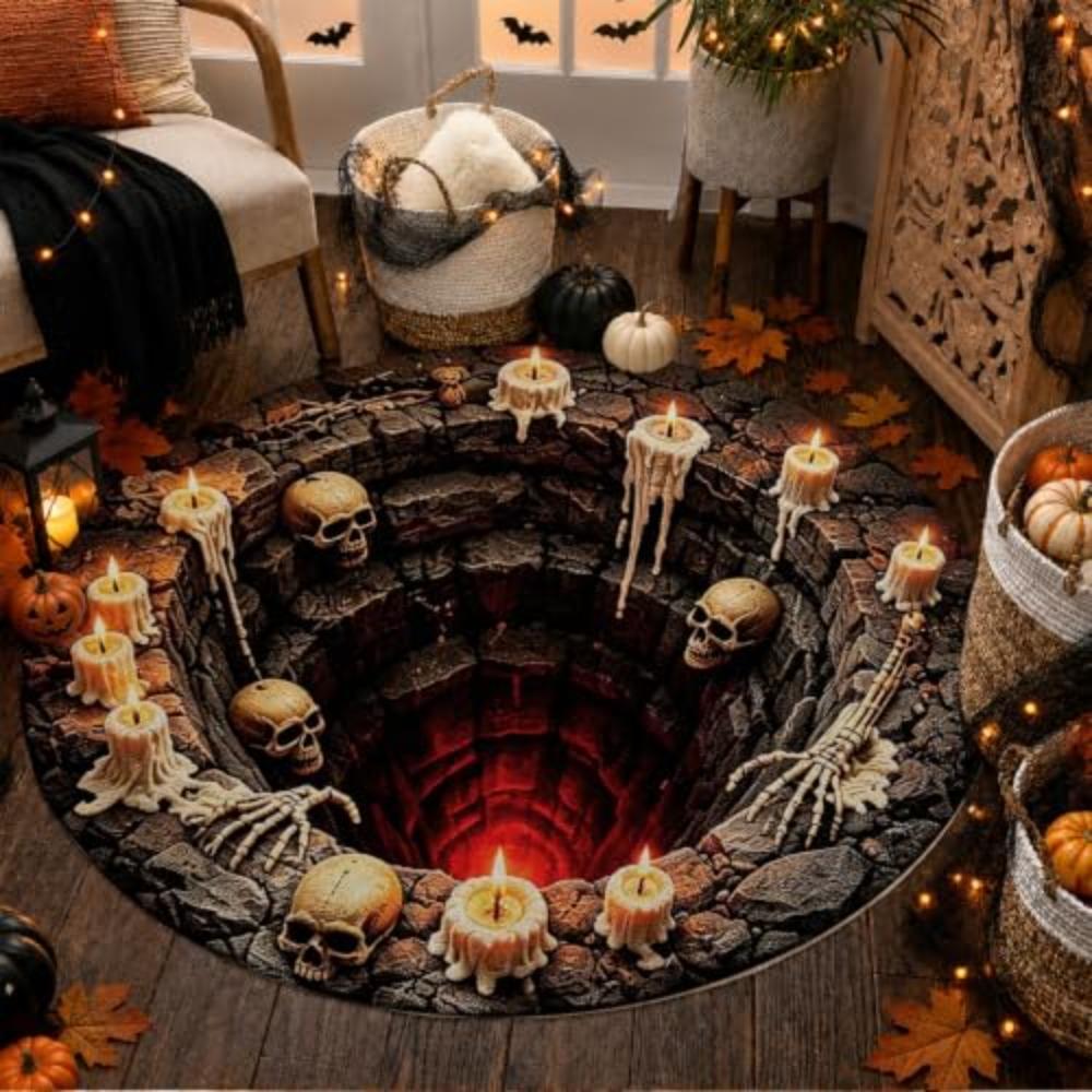 Round Area Rug Black Mascot Silhouette Purple Pointed Cap Printed Gradient Vortex Bottom Scattered Maple Leaves Frame for Floor