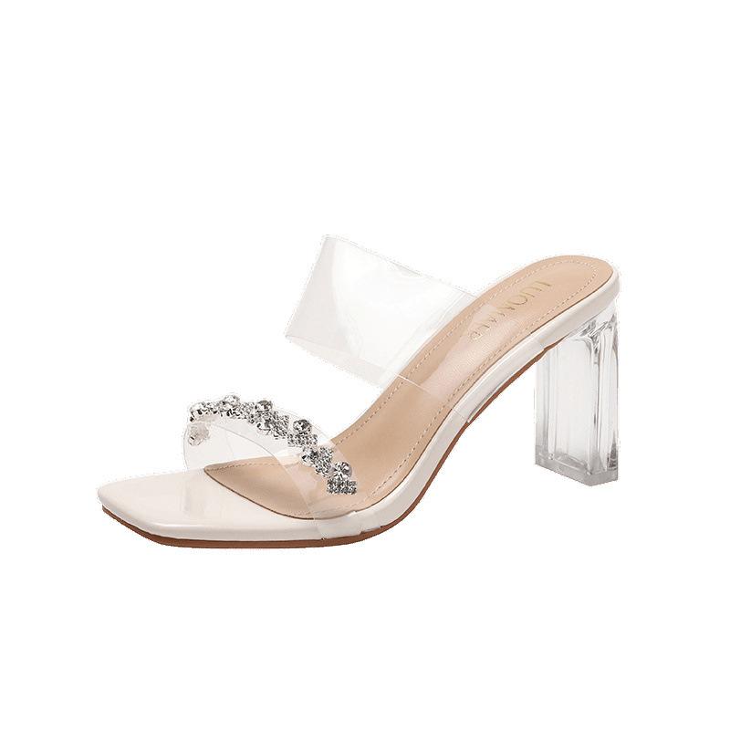 Rhinestone slippers women's fashion new sandals crystal high heel thick heel high transparent sandals
