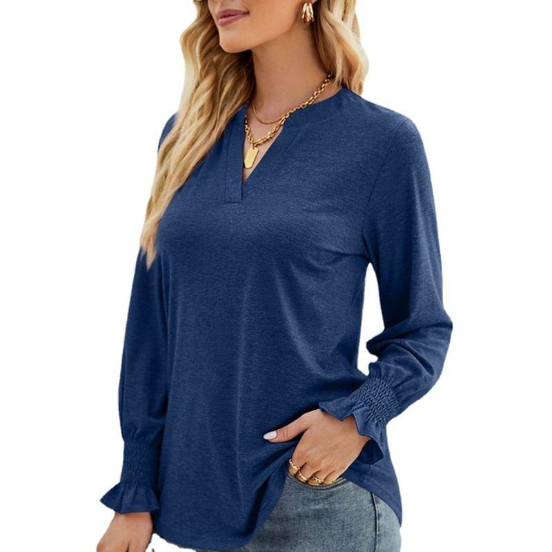 

Long Sleeve Loose V-Neck Solid T-shirt Long Sleeves Loose V Neck Pure Color T-shirt Navy Blue L