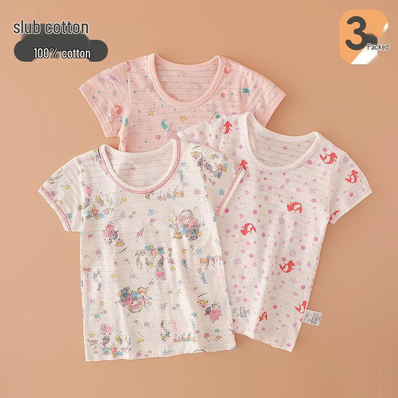 Girls Japanese Style Bamboo Cotton Short-Sleeve T-Shirt: Breathable, Sweat-Absorbent, Pure Cotton Base Layer. 80 (height ~70 cm)