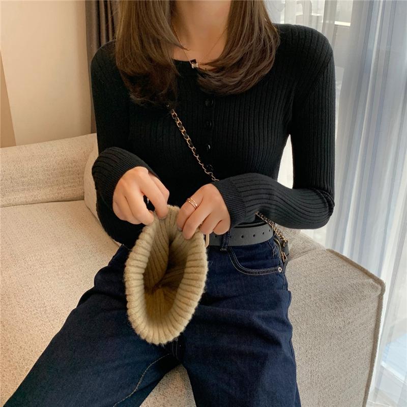 Women Long Sleeve Knitted Sweater Spring Autumn Button O Neck Inside Tight Knit Pullover Top