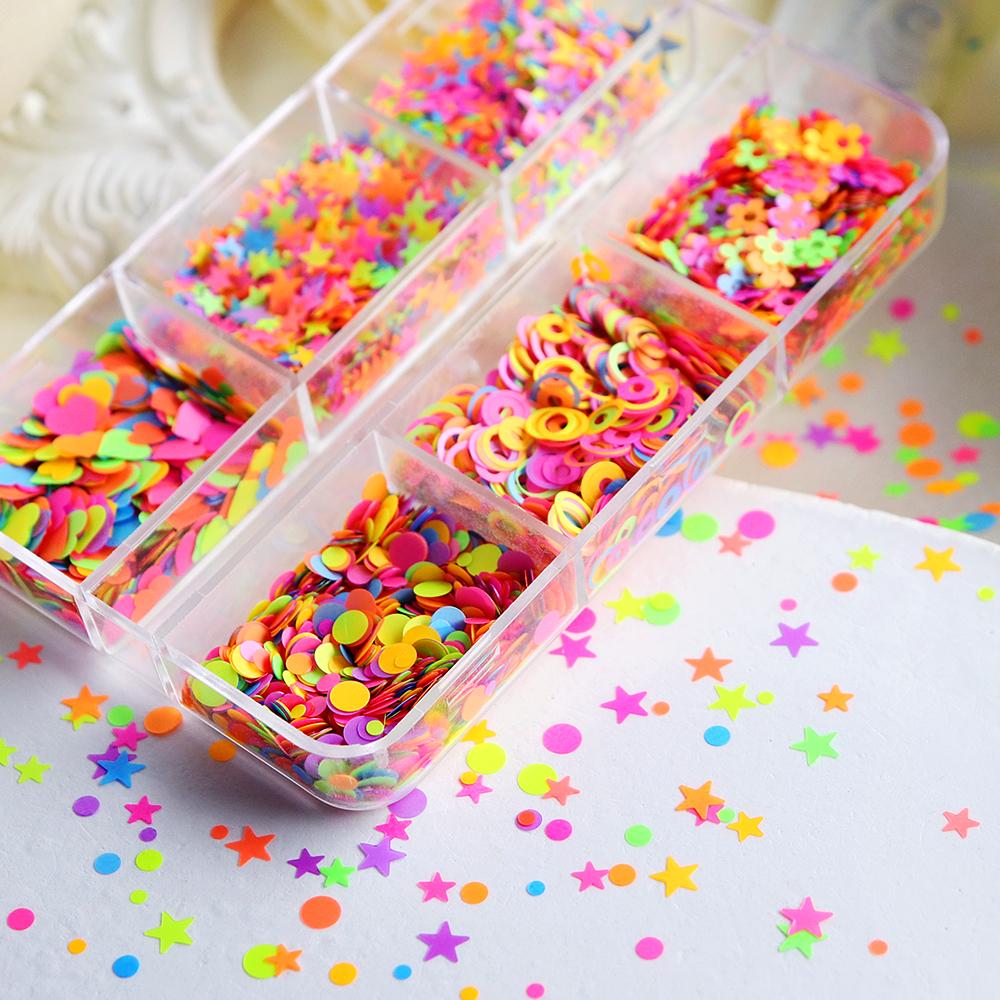 6 Grids Mixed Fluorescent Nail Sequins, Colourful Flower Star Shape Sparkling Flake Decoration Accessories, for Summer Nail Parts