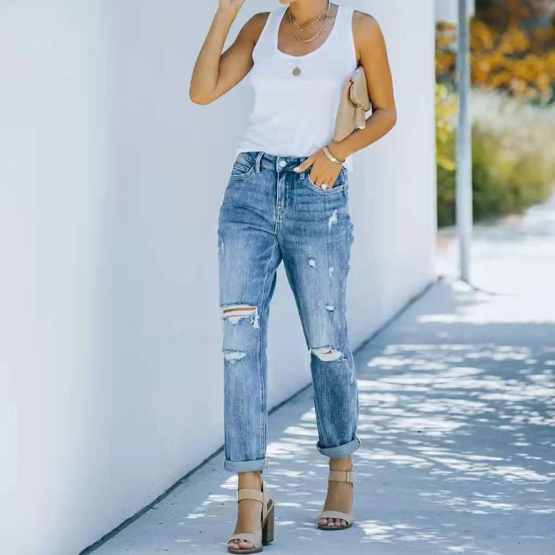 Vaqueros con borde sin rematar y cintura alta de color sólido de talla grande para mujer