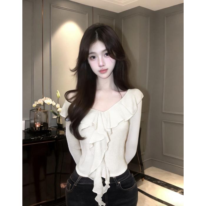 

2026 Women s Petite Off-Shoulder Ruffle Top - Spring/Autumn Slim Fit, Waist-Cinched, Versatile Large білий