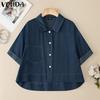 VONDA Elegant Women Short Sleeve Lapel Button Down High Low Hem Casual Cropped Blouse