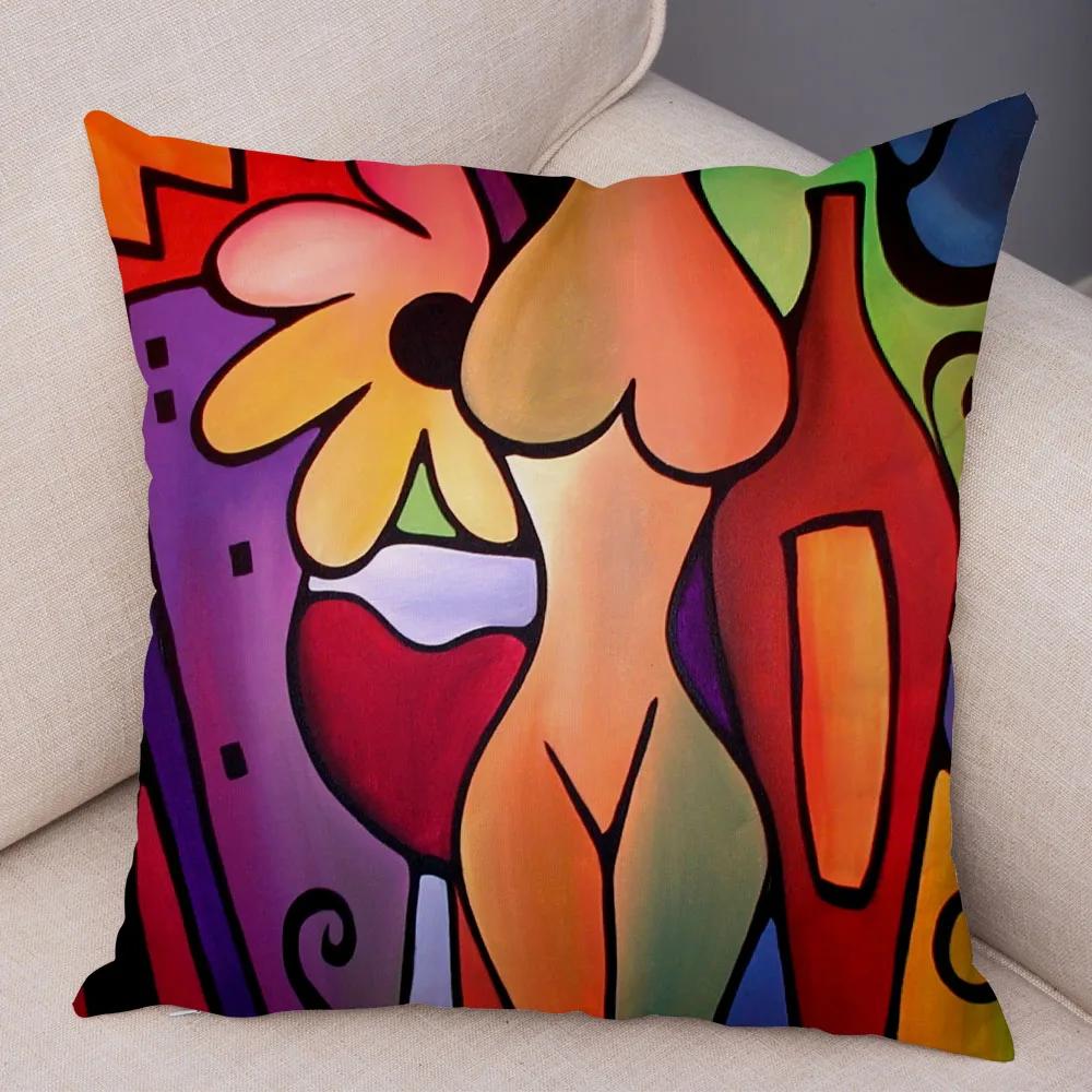 Abstract Painting Cushion Cover Decoration Nordic Style Colorful Cartoon Girl Pillowcase Sofa Home