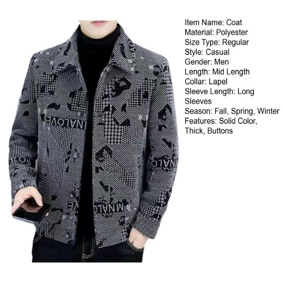 Męski płaszcz jesienno-zimowy z długim rękawem, grubymi, ciepłymi klapami, jednorzędowymi, wiatroszczelnymi guzikami, średniej długości, męską marynarką na co dzień