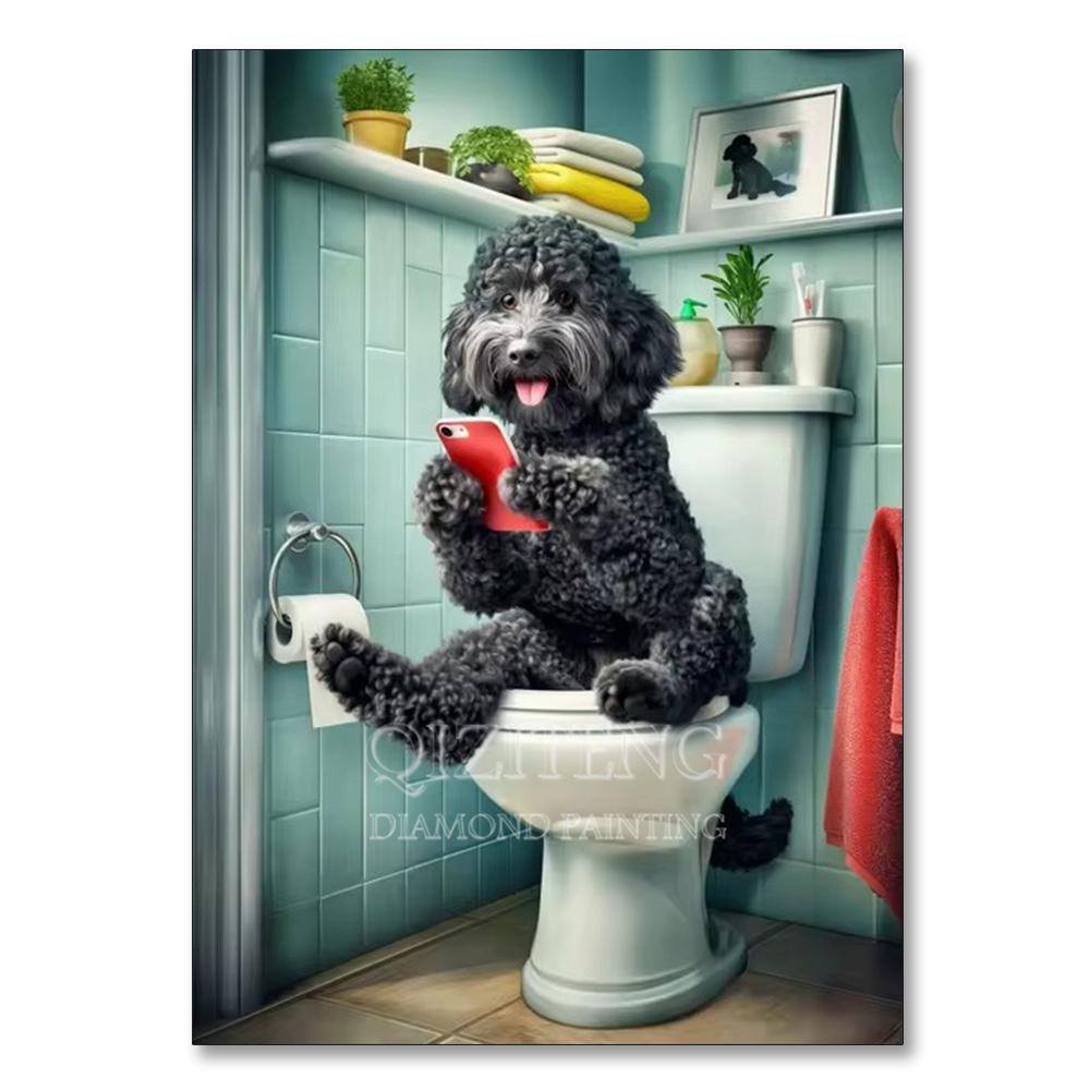 Dog Diamond Painting Cat Toilet Cartoon Diamond Mosaic Animal Full Round_Square Drill Embroidery Funny Bathroom Wall Decor Art