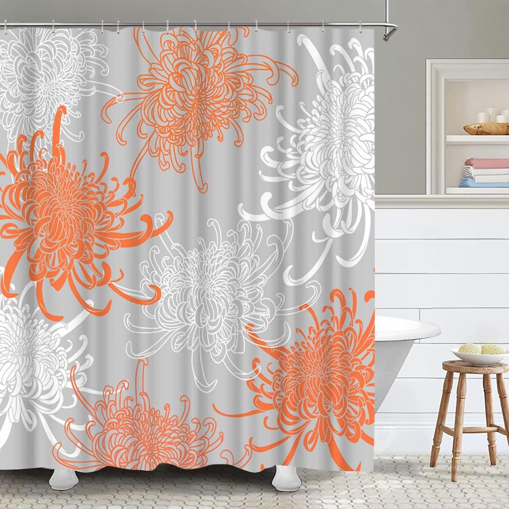 Orange Blossom Shower Curtain Coral Chrysanthemum Color Background Fabric Curtain with 12 Hooks for Bathroom Decoration