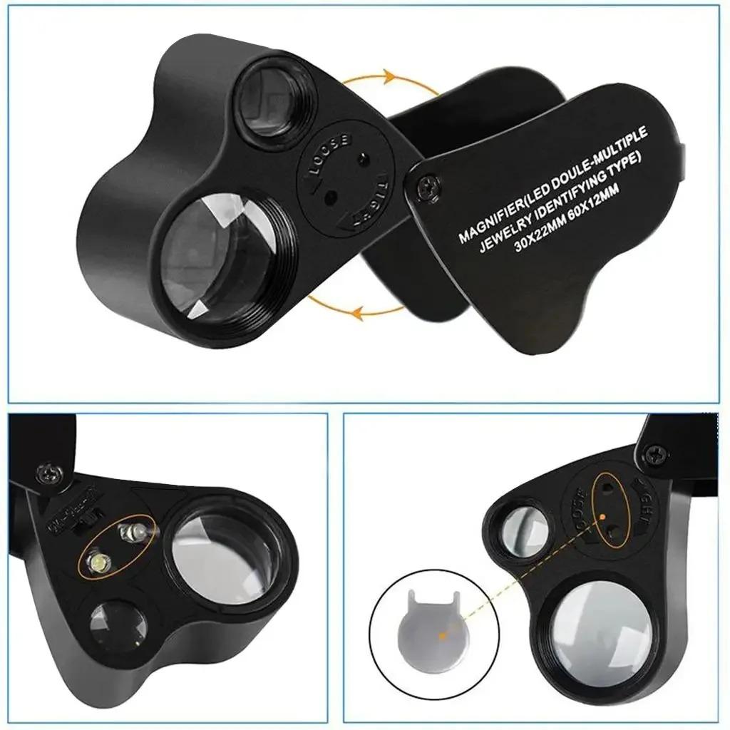 Professional 30X 60X Foldable Jewelers Loupe Magnifier With LED Light For Gems Jewelry Coins Stamps