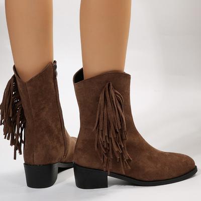 Autumn Flock Fringes Women's Boots Western Cowboy Ankle Boots Slip On Pointy Frosted Square Heels Cowgirl Shoes for Women