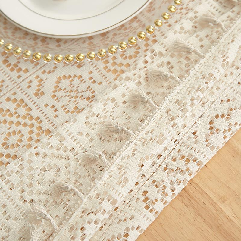 American Retro Style Tablecloth Premium Rectangular Tassel Table Mat Photo Background Cloth Knitted Hollow Atmosphere Dustproof Decorative Fabric