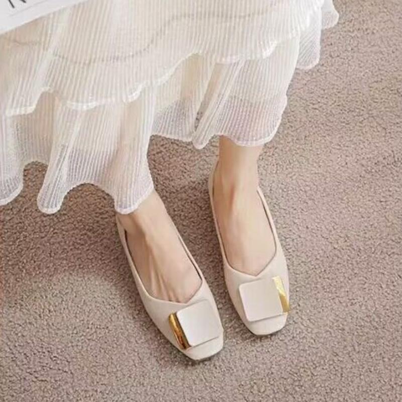 2024 New Style French Square Head Soft Leather Coarse Heel Large Shallow Mouth Flat Bottom Wear Resistant Women Shoes
