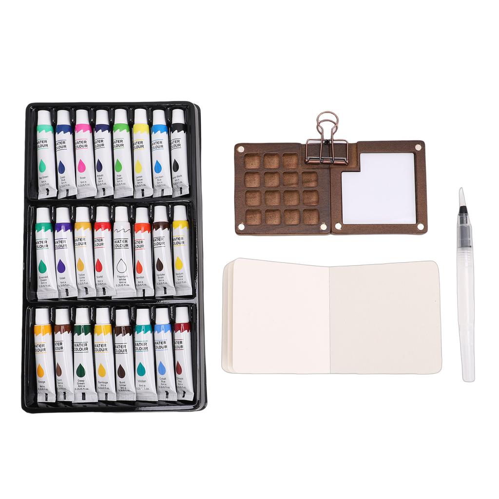 Mini Watercolor Paint Set 15 Grid Wood Palette 24 Colors Portable Sketchbook Painting Kit Watercolor Travel Set